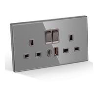 CNBINGO Double Switched Socket with 20W PD USB C and A Fast Charging Ports, Electric Power Sockets 2 Gang 13 Amp, Grey Tempered Glass Panel Wall Outlet, 1 Pack