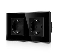 CNBINGO Glass Double Socket Flush-Mounted in Black - Double Schuko Socket with Child Safety - 16 Amp Safety Socket Wall Socket with Glass Frame