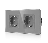 CNBINGO Glass Double Socket Flush-Mounted in Grey - Double Schuko Socket with Child Safety Lock - 16 Amp Protective Contact Wall Socket with Glass Frame