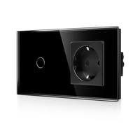 CNBINGO Glass Light Switch and Schuko Socket Flush-Mounted - Touch Light Switch with LED Status - Wall Switch with Glass Frame - Single Black