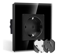 CNBINGO Glass Single Socket Flush-Mounted in Black - Socket Protection Child Lock with Twist Mechanism - Simple Schuko Socket - Protective Contact Wall Socket with Glass Frame