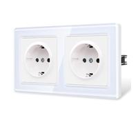 CNBINGO Schuko Double Socket with Claws - Double Wall Socket with 2.5D Curved Glass Plate - 16 Amp EU Standard Socket Flush-Mounted with Child Lock - 2-Way White