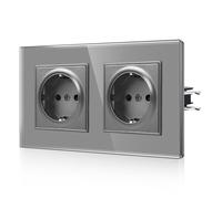 CNBINGO Schuko Double Socket with Claws - Dual Wall Socket with Glass Screen - 16Amp EU Standard Flush Socket with Child Lock - 2-gang Grey