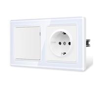 CNBINGO Schuko Socket and Light Switch with Claws - 1 Gang Rocker Switch Flush-Mounted - Protective Contact Wall Socket with Child Lock - with 2.5D Curved Glass Plate - White