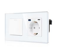 CNBINGO Schuko Socket with Light Switch Single 1 Way Glass Socket Flush-Mounted with USB (Type C and Type A 3.1 Amp Total) Modern Crystal Glass Wall Plate with Luminous Dots, White