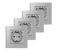 CNBINGO Schuko Socket with USB Port, USB-A and Type-C Port Max. 2.1 Amp Total, Flush-Mounted Socket with Claws, Protective Contact Wall Socket with Glass Frame in Grey, Pack of 4