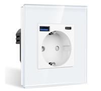 CNBINGO Single Socket with 2 x USB Ports (Max. 2.1 A, Type C and USB-A) - Simple Glass Schuko Socket Flush-Mounted - White Wall Socket with Child Lock