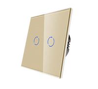 CNBINGO Touch Light Switch, Gold Double Light Switch, Tempered Glass Panel with LED Backlight, No Neutral Wire Required, 2-Gang 1-Way, AC 240V 500W/Gang