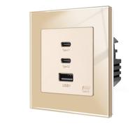 CNBINGO USB C Charger, Quick Charge Socket Flush-Mounted, GaN PD 65 W, 3 Ports Charger, Wall Charging Socket with Tempered Glass Plate