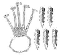 Cndiyald Skeleton Hand Bracelet with 5Pcs Full Finger Rings Punk Gothic Jewelry with Movable Joint Plated Alloy Halloween Jewelry Silver, Full Finger Rings