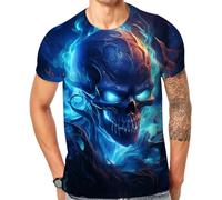 Cndiyike 3D Printed Jesus Saves Graphic Short Sleeve T-Shirts for Men, Blue Fire Skull T Shirt, Large