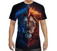 Cndiyike Men T-Shirt 3D Print T-Shirt Men Graphic Tee Men S-3XL, Fire and Ice Lion, XL