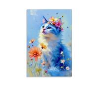 CNDJjslok Canvas Wall Art Prints Picture Animal Poster Sweet Blue Cat In Flowers Modern Living Room Bedroom Decor 08x12inch(20x30cm)