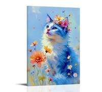 CNDJjslok Canvas Wall Art Prints Picture Animal Poster Sweet Blue Cat In Flowers Modern Living Room Bedroom Decor 24x36inch(60x90cm)