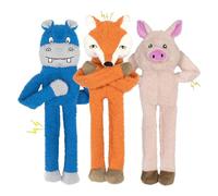 CneeeeeB 3 Pack No Stuffing Crinkle Squeaky Interactive Plush Dog Chew Toys to Keep Puppy Busy for Boredom & Enrichment Small & Medium Breeds Furry Friend Teething Orange Fox Pink Pig Blue Hippo
