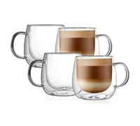 CNGLASS 480ml/16oz Double Walled Glass Coffee Mugs Set of 4,Large Clear Coffee Cups with Handle,Glass Cappuccino Mugs for Latte,Milk,Tea
