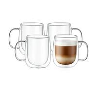 CNGLASS Large Double Wall Glass Coffee Mug 15.2oz(450ml),Clear Insulated Glass Espresso Cup with Big Handle,Clear Glass Espresso Mugs for Latte,Cappuccino,Tea Bag,Hot and Cold Beverages,Set of 4