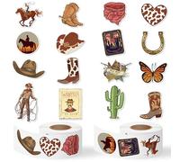 CNhoqc 1000 Pieces Western Cowboy Sticker Rolls (2 Rolls) 16 Designs Cowboy Hat Boots Cactus Decorative Stickers for Kids Cowboy Lovers Self Adhesive Stickers for Boys