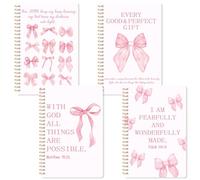 CNhoqc 4pcs Pink Coquette Aesthetic Notebooks, Inspirational Bible Bow Theme Spiral Journal Notebook, Pink Bow Watercolor Aesthetic College Hardcover Spiral Notebooks for School Stationery Supply