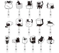 CNhoqc Black Cat Badge Reels - 16Pcs Cute Black White Style Cat Badge Holders, Acrylic Metal Clip Retractable Nylon Cord with Lanyard, Heavy-Duty Gift for ID Nurse Doctor Teacher Birthday Key Backpack