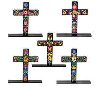 CNhoqc Floral Cross Centerpieces - 5Pcs Day of the Dead Colorful Flower Cross Centerpieces with Bases, Wooden Detachable Decoration Signs for Mexican Día de Muertos Fiesta Table Top Mantel Party Favor