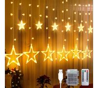 CNMTCCO Christmas Star Window Lights, 12 Stars 138 LED Curtain String Lights with 8 Flashing Modes Decoration for Wedding, Party, Wall, Christmas Decorations, Battery＆USB Powered (Warm White)