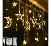 CNMTCCO Ramadan Window Light Decorations for Home, 138 LED Star Moon Curtain String Lights with 8 Flashing Modes for Party, Wall, Eid, Ramadan Decorations, Battery＆USB Powered (Warm White)