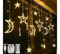 CNMTCCO Ramadan Window Lights Decorations for Home, 3.5M Star Moon Curtain Lights Outdoor, 138 LED Fairy String Lights, USB+Battery Operated 8 Modes (Warm White)