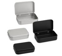 CNOYEEO Rectangular Tins Container 4 Pcs, Silver Metal Rectangular Hinged Tins Containers, Portable Storage Box for Playing Cards, Earphone, Charging Cables, Soap and More Items(black silver