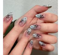 Cnrfeoap 24Pcs Almond False Nails, ABS Material, French, Art Deco Pattern, Glossy Finish, 24 Pieces, 1 Set