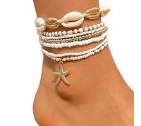 Cnrfeoap 7 Pieces Beach Anklets Set Sea Shell Star Designs Glass Crystal Summers Foot Accessories Seaside Ankle Chains Shell Foot Chain Jewelry
