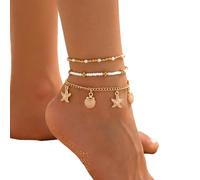 Cnrfeoap Layered Anklets with & Glass Bead Charms Adjustable Beach Jewelry for Women Puka Shell Foot Chain Jewelry