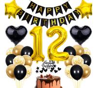 Cnrose 12th Birthday Decoration for Boys and Girls - Black and Gold Party Supplies with Cake Topper