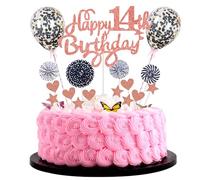 Cnrose 14th Birthday Cake Decoration - 21pc Rose Gold Glitter Stars, Hearts, Balloons & Straws - Perfect for Birthdays & Celebrations