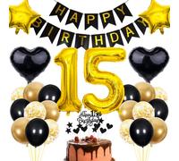 Cnrose 15th Birthday Decoration, Black Cake Decoration Birthday 15 Years Boy, Party Decoration Gold Black, 15th Birthday Boy Girl, Cake Decoration 15th Birthday Girl, Birthday Decoration 15 Years Boy