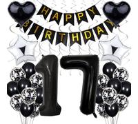 Cnrose 17th Birthday Balloon Set, Black & Silver, 34 Pieces, Number 17, Star & Heart Shapes, Confetti, Unisex, Teenage Boys, Birthday Party Decoration