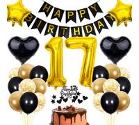 Cnrose 17th Birthday Decoration - Black & Gold Party Decoration for Boy & Girl