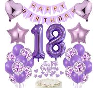 Cnrose 18th Birthday Decoration Pack: Purple 'Happy Birthday' Banner, 32" Number 18 Foil Balloon, Love Heart & Star Foil Balloons, Latex Balloons, Cake Decorations, Ribbon