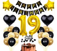 Cnrose 19th Birthday Decoration - Black & Gold Party Decoration for Boy & Girl
