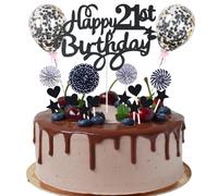 Cnrose 21st Birthday Cake Decoration Set: Black Glitter Stars, Hearts, Confetti Balloons, Paper Fan Toppers & Straws - 30 Pieces - Perfect for Birthday Parties & Anniversaries