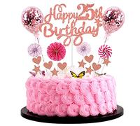 Cnrose 25th Birthday Cake Topper Set - 17 Count, 28 Pieces - Rose Gold & Pink Glitter Paper Toppers, Stars, Hearts, Balloons, Fans & Straws - Perfect for Birthday Parties