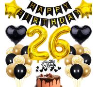 Cnrose 26th Birthday Decoration - Black & Gold, Men & Women, Cake & Party Decoration