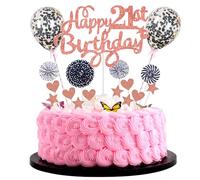 Cnrose 28 Count Rose Gold Birthday Cake Topper Set: 'Happy 21st Birthday' Toppers, Stars, Hearts, Balloons, Fans & Straws for Celebratory Occasions