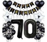 Cnrose 70th Birthday Balloon Set, Black & Silver, 32" Number 70, Star & Heart Foil Balloons, Latex Balloons, Confetti, Garland, Hanging Decorations, Adults, Unisex, 70th Birthday, Male Celebrant