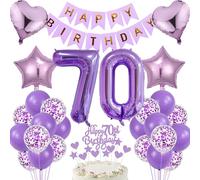 Cnrose 70th Birthday Decoration Pack: Purple 'Happy Birthday' Banner, 32" Number 70 Foil Balloon, Love Heart & Star Foil Balloons, Purple Latex & Confetti Balloons, Cake Decorations, Ribbon