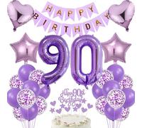 Cnrose 90th Birthday Decoration Pack: Purple 'Happy Birthday' Banner, 32" Number 90 Foil Balloon, Love Heart & Star Foil Balloons, Purple Latex & Confetti Balloons, Cake Decorations, Ribbon
