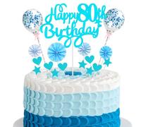 Cnrose Cake Decoration for 80th Birthday - Hello 80 Cake Topper Blue with Heart, Star, Balloon - Cake Decoration Happy 80th Birthday for Men and Women