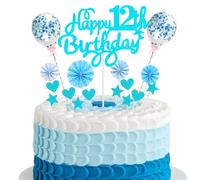Cnrose Cake Decoration Hello 12 Cake Toppers Blue with Heart Star Balloon Cake Decoration for 12th Birthday Boy Girl Happy 12th Birthday