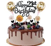 Cnrose Cake Decoration Man Women 21st Birthday Hello 21 Cake Topper Black Gold with Heart Star Balloon Cake Decoration 21st Birthday Happy 21th Birthday Cake Decoration 21 Years Man 21 Birthday Women