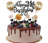 Cnrose Cake Decoration Man Women 24th Birthday Hello 24 Cake Topper Black Gold with Heart Star Balloon Cake Decoration 24th Birthday Happy 24th Birthday Cake Decoration 24 Years Man 24th Birthday